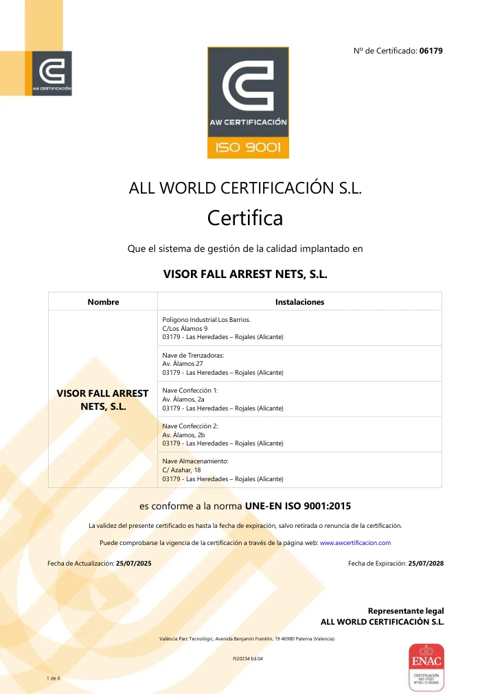 Primera página del certificado ISO 9001:2015 del fabricante
